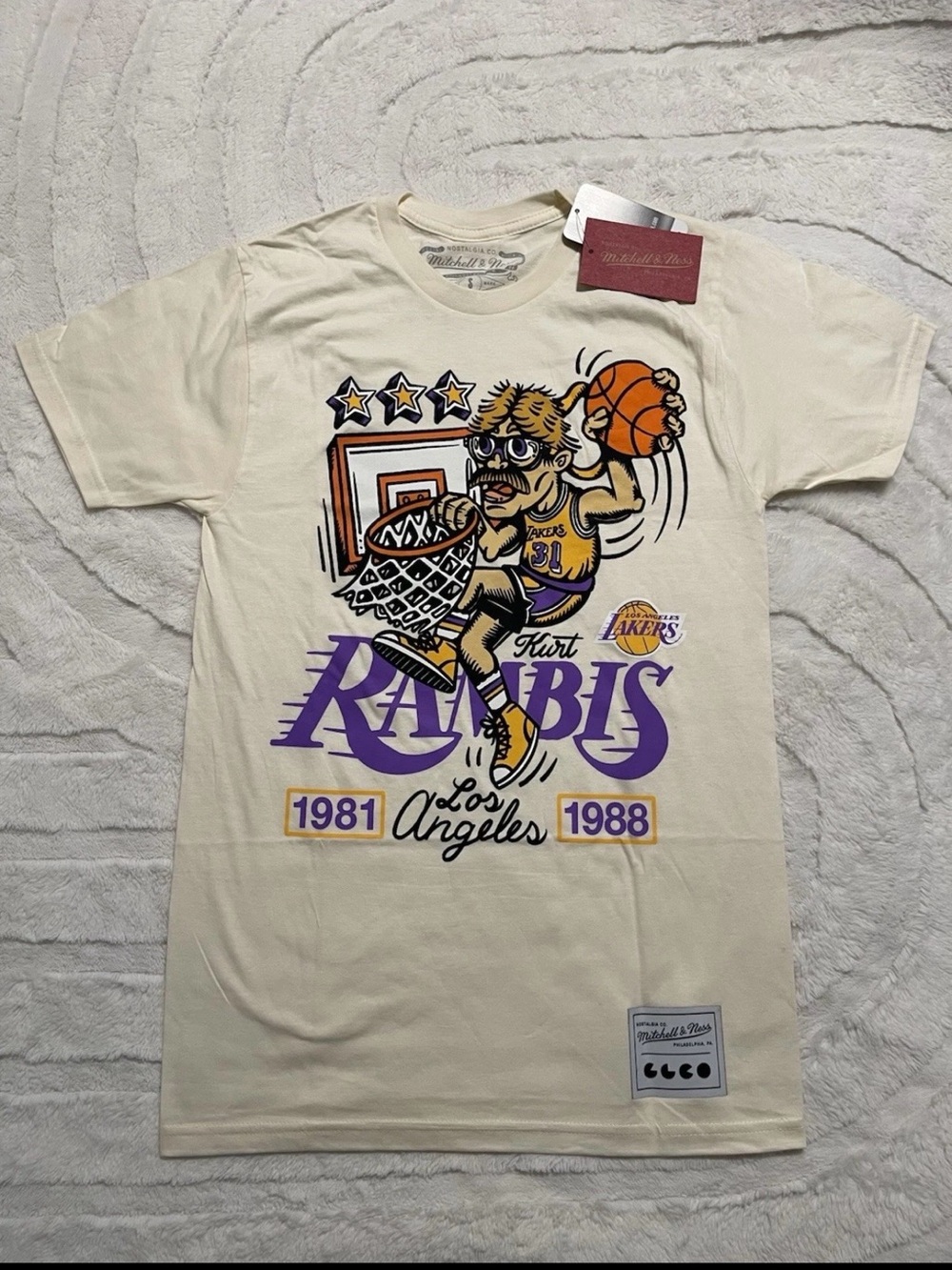 Mitchell & Ness Cream Los Angeles Lakers Cartoon Basketball Tee
